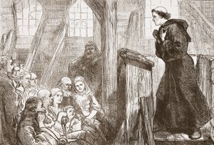 Luther káže ve starém dřevěném kostele ve Wittenbergu, ilustrace z Historie protestantismu od Jamese Aitkena Wylie (1808-1890), hospoda. 1878 od English School