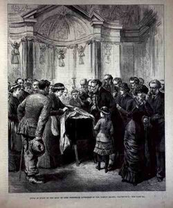 Ležící ve státě, tělo lorda Fredericka Cavendishe (1836-82) v rodinné kapli, Chatsworth, z The Illustrated London News, 20. května 1882 od English School