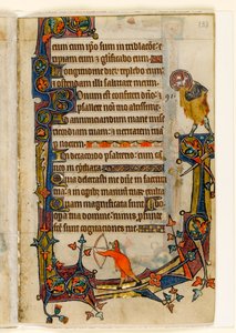 MS 1-2005, fol. 133r: Archer and St. John the Baptist, okrajová dekorace z Macclesfieldského žaltáře, Use of Sarum, East Anglia, c.1330 od English School