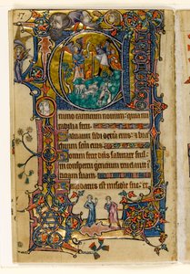 MS 1-2005, fol. 139v: Zvěstování pastýřům, historizovaná iniciála z Macclesfieldského žaltáře, Use of Sarum, Východní Anglie, cca 1330 od English School