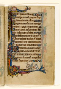 MS 1-2005, fol. 15r: Zajíc a pes hrající na varhany, okrajová dekorace z Macclesfieldského žaltáře, Use of Sarum, East Anglia, cca 1330 od English School