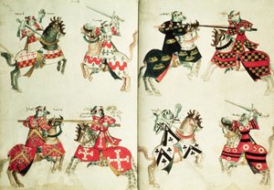 MS Harley 4205 fol.31v-32 Rytíři s heraldickými znaky (vellum) od English School