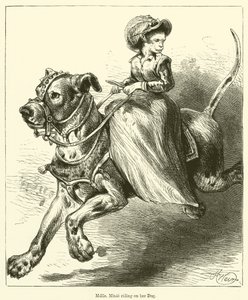Mademoiselle Minie jede na svém psovi (rytina) od English School