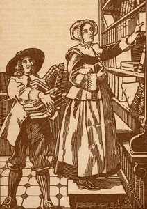 Knihkupci a knihkupci pracující v knihkupectví ze 17. století (litho) od English School