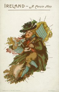 Muž, dítě a prase ve tvaru mapy Irska (barevná litografie) od English School