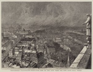 Manchester Illustrated, pohled z ptačí perspektivy na město z věže Nové radnice (rytina) od English School