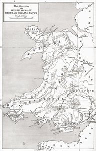 Mapa znázorňující velšské války Williama Rufuse a Jindřicha I., z „Krátké historie anglického lidu“ od J. R. Greena, vydané v roce 1893