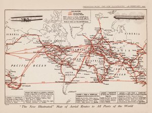 Mapa leteckých tras do všech částí světa (barevná litografie) od English School