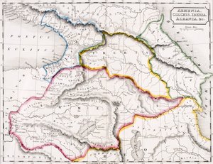 Mapa Arménie, Kolchidy, Ibérie a Albánie, z „Atlasu starověké geografie“, od Samuela Butlera, publikovaná v Londýně, kolem roku 1829 (barevné litho)