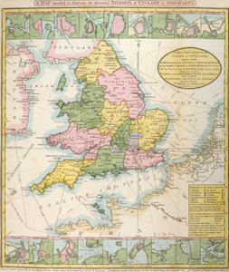 Mapa Británie, znázorňující ohroženou invazi Napoleona Bonaparte (1769-1821) 1803 (barevné lito) od English School