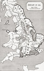 Mapa Británie v roce 626, od The Northumbrian Kingdom 588 až 685 v „Krátké historii anglického lidu“ od J. R. Greena, vydané v roce 1893