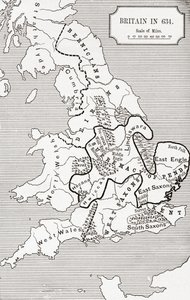 Mapa Británie v roce 634, od The Northumbrian Kingdom 588 až 685 v „Krátké historii anglického lidu“ od J. R. Greena, vydané v roce 1893