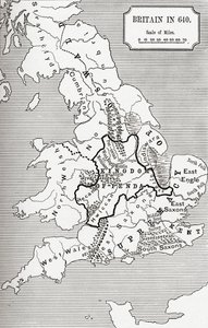 Mapa Británie v roce 640, z Northumbrijského království v „Krátké historii anglického lidu“ od J. R. Greena, publikované v roce 1893