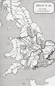 Mapa Británie v roce 665, od The Northumbrian Kingdom 588 až 685 v „Krátké historii anglického lidu“ od J. R. Greena, vydané v roce 1893