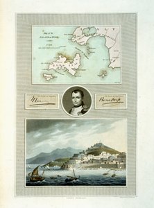 Mapa Elby a pohled na Porto Ferraio s portrétem Napoleona a faksimile jeho podpisu, 1815 (barevná rytina) od English School