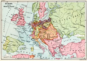 Mapa Evropy po míru v Tilsitu v roce 1807, z „Krátké historie anglického lidu“ od J. R. Greena, vydané v roce 1893