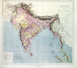 Mapa Indie, zveřejněná pod vedením plukovníka H.R. Thuillier, R.E., Surveyor General of India, 1877