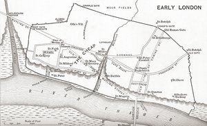 Mapa Londýna v 11. století z „Krátké historie anglického lidu“ od J. R. Greena, vydané v roce 1893