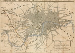 Mapa Londýna zobrazující železnici Birmingham, Bristol, Thames Junction, 1839