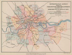 Mapa metropolitního Londýna zobrazující parlamentní čtvrti a divize, 1885