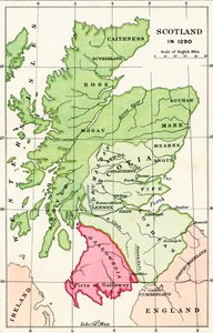 Mapa Skotska v roce 1290 z „Krátké historie anglického lidu“ od J. R. Greena, publikovaná v roce 1893