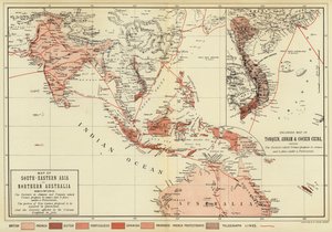 Mapa jihovýchodní Asie a severní Austrálie; Zvětšená mapa Číny Tonquin, Annam a Cochin (barevný obrázek) od English School