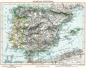 Mapa Španělska a Portugalska z Milnerovy zeměpisné galerie, cca 1872 (barevná litografie) od English School