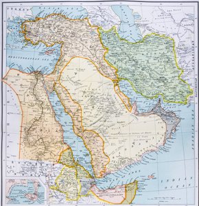 Mapa Turecka, Blízkého východu, Afrického rohu a Perského zálivu v 90. letech 19. století, z „Občanského atlasu světa“, vydaného v Londýně kolem roku 1899