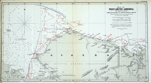 Mapa západní arktické Ameriky zobrazující stopy HMS Enterprise a Investigator v letech 1850-1854 od English School