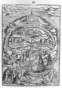 Mapa ostrova Utopie, frontispis knihy, 1563 od English School