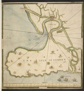 Mapa ostrova Thanet a Sandwich Marsh, založená na plánu Johna Rogerse, kolem roku 1610 (pero, inkoust a akvarel na papíře) od English School