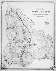Mapa farnosti Hackney, zkoumal John Rocque (asi 1709-1762) 1745