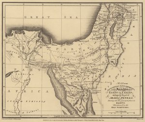 Mapa cest a táborů Izraelitů z Egypta do Kanaánu přes poušť (rytina) od English School