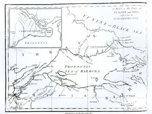 Mapa částí Evropy a Asie přiléhajících ke Konstantinopoli, z knihy "Dějiny úpadku a pádu Římské říše", 9. díl, autor Edward Gibbon, 1808.