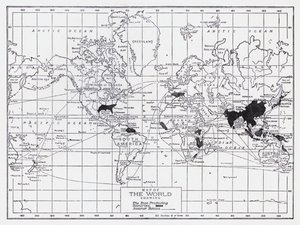Mapa světa s vyznačením zemí produkujících rýži (litografie) od English School