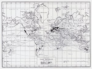 Mapa světa zobrazující země produkující víno (litho) od English School