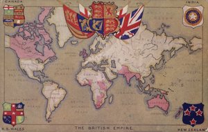 Mapa Britského impéria s vlajkami a erby (barevná litografie) od English School