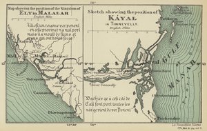 Mapa znázorňující polohu království Ely v Malabaru, náčrtek znázorňující polohu Kayalu v Tinnevelly (barevná litografie) od English School