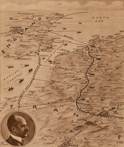 Mapa zobrazující dostřel německých děl do Anglie během první světové války (litografie) od English School