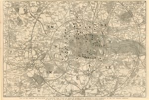 Mapa zobrazující mýtné brány a hlavní mýtné brány v okruhu 6 mil od Charing Cross, předložená lordu Palmerstonovi Výborem pro reformu mýtného.