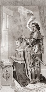 Markéta Dánská se sv. Canute, patronkou Dánska, za ní drží transparent znázorňující kříž křížových výprav. Markéta Dánská od English School