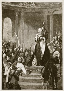 Marie Terezie a uherský parlament, ilustrace z Cassells Illustrated History of England (sépiová fotografie) od English School