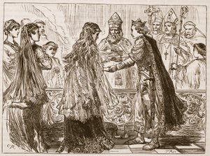 Sňatek Jindřicha I. a Matyldy, ilustrace z Cassells Illustrated History of England (sépiová fotografie) od English School