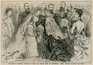 Sňatek princezny Viktorie Hesenské a prince Ludvíka z Battenbergu, královna Viktorie pozdravující nevěstu, 16. května 1884 od English School