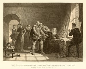 Mary Queen of Scots byla nucena podepsat svou abdikaci na zámku Lochleven od English School