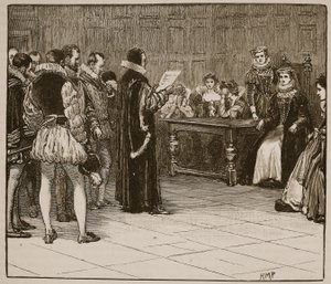 Marie královna Skotská dostává zprávu o svém zániku, ilustrace z Cassells Illustrated History of England (sépiová fotografie) od English School