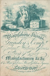Marylebone House, Greasley & Co, krejčí, punčochy, rukavice, výrobci pobytů a korzetů, 14 Marylebone Street, Golden Square, obchodní karta od English School