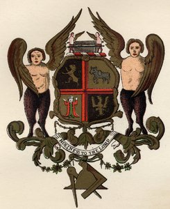 Zednářské zbraně, po malovaném panelu v majetku W.H.Y. Rylands, z Historie svobodného zednářství, svazek II, publikoval Thomas C. Jack, Londýn, 1883 od English School
