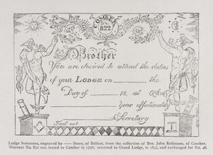 Předvolání zednářské lóže z roku 1796 od English School