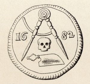 Zednářská pečeť tesařů z Maestrichtu z roku 1682 z „Dějiny svobodného zednářství, svazek II“, vydané Thomasem C. Jackem, Londýn, 1883 od English School
